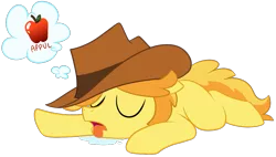Size: 1189x675 | Tagged: safe, artist:nannurs, banned from derpibooru, deleted from derpibooru, derpibooru import, braeburn, apple, colt, drool, food, male, sleeping, solo