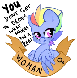 Size: 565x567 | Tagged: safe, artist:daintycloudx, banned from derpibooru, deleted from derpibooru, derpibooru import, rainbow dash, alternate hairstyle, annoyed, drama, feminism, mouthpiece, old banner, solo, tomboy