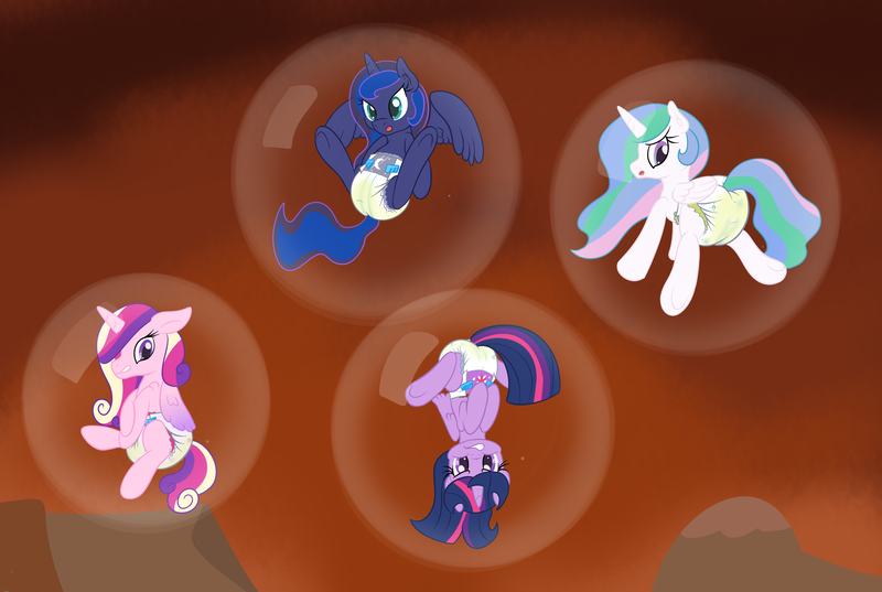 Size: 4000x2687 | Tagged: questionable, artist:vitriolink, banned from derpibooru, deleted from derpibooru, derpibooru import, princess cadance, princess celestia, princess luna, twilight sparkle, twilight sparkle (alicorn), alicorn, pony, absurd resolution, alicorn tetrarchy, bubble, cutie mark diapers, diaper, diaper fetish, female, fetish, mare, poofy diaper, urine, wet, wet diaper