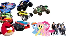 Size: 1184x609 | Tagged: safe, banned from derpibooru, deleted from derpibooru, derpibooru import, fluttershy, pinkie pie, rainbow dash, angry birds, hate art, hot wheels, justin bieber, one direction, op forgot to tag, red bird, shitposting, troll art, why