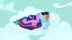 Size: 1024x576 | Tagged: safe, artist:chameleonman55, banned from derpibooru, deleted from derpibooru, derpibooru import, rainbow dash, twilight sparkle, twilight sparkle (alicorn), alicorn, cloud, cloudy, female, lesbian, shipping, sunglasses, twidash