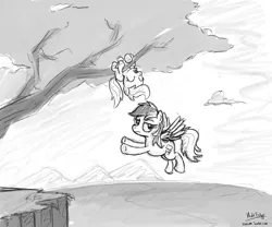 Size: 1000x833 | Tagged: safe, artist:xaxiom1, banned from derpibooru, deleted from derpibooru, derpibooru import, rainbow dash, scootaloo, grayscale, imminent scootabuse, impending scootabuse, monochrome, scootaloo can't fly, tree