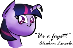 Size: 660x435 | Tagged: safe, artist:sparkdraws, banned from derpibooru, deleted from derpibooru, derpibooru import, twilight sparkle, abraham lincoln, curved horn, faggot, faic, horn, quote, smirk, troll quote, twiface, twilight flopple, ur a faget, vulgar