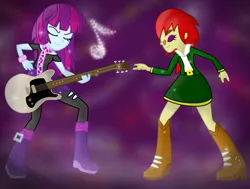 Size: 1284x969 | Tagged: safe, artist:sjart117, banned from derpibooru, deleted from derpibooru, derpibooru import, mystery mint, oc, oc:sandy sandlot, equestria girls, background human, clothes, commission, dancing, glasses, guitar, music, musical instrument, sparkles
