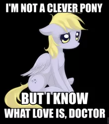 Size: 844x960 | Tagged: safe, artist:jacky-bunny, banned from derpibooru, deleted from derpibooru, derpibooru import, edit, derpy hooves, doctor whooves, time turner, caption, doctorderpy, female, floppy ears, forrest gump, frown, image macro, male, meme, messy mane, not a clever pony, reference, sad, shipping, sitting, solo, straight, text