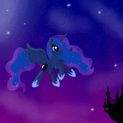 Size: 800x800 | Tagged: safe, artist:sjart117, banned from derpibooru, deleted from derpibooru, derpibooru import, princess luna, canterlot, flying, night, solo, stars, wings