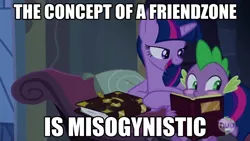 Size: 640x360 | Tagged: safe, banned from derpibooru, deleted from derpibooru, derpibooru import, edit, screencap, spike, twilight sparkle, castle mane-ia, book, caption, feminism, friendzone, hub logo, image macro, mouthpiece, social justice, spike blushing at a book meme, text