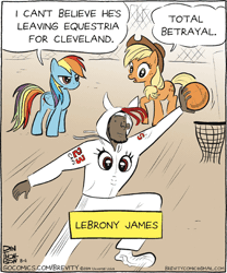 Size: 450x540 | Tagged: safe, banned from derpibooru, deleted from derpibooru, derpibooru import, applejack, rainbow dash, human, brevity, cleveland cavaliers, clothes, comic, funny, hoodie, lebron james, loyalty