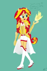 Size: 1216x1839 | Tagged: safe, artist:flight-of-the-moon, banned from derpibooru, deleted from derpibooru, derpibooru import, sunset shimmer, equestria girls, armor, fiery shimmer, fire, magical girl, magical sunset-chan, ponied up, pyromancy, solo