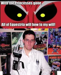 Size: 632x780 | Tagged: safe, banned from derpibooru, deleted from derpibooru, derpibooru import, lord tirek, angry video game nerd, exploitable meme, james rolfe, meme, middle finger, power glove, tirek vs everyone meme, vulgar