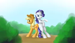 Size: 1000x581 | Tagged: safe, artist:roxenmage, banned from derpibooru, deleted from derpibooru, derpibooru import, applejack, rarity, earth pony, pony, unicorn, angry, butt bump, pushing, rump push
