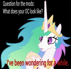 Size: 3000x2900 | Tagged: safe, artist:magister39, banned from derpibooru, deleted from derpibooru, derpibooru import, princess celestia, absurd resolution, frown, insanity, messy mane, mods, open mouth, question, snaplestia, solo, text, vector, wide eyes