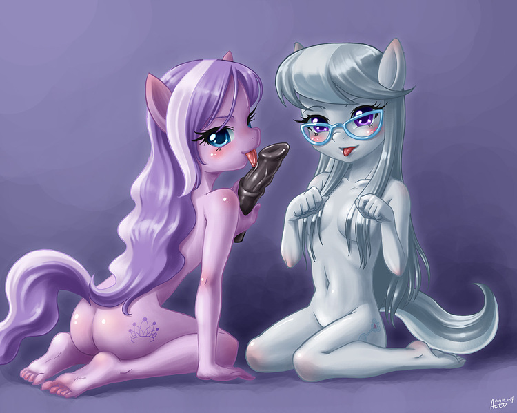 Size: 1250x1000 | Tagged: questionable, artist:auto, banned from derpibooru, deleted from derpibooru, derpibooru import, diamond tiara, silver spoon, anthro, :p, ass, barefoot, bedroom eyes, blushing, butt, dildo, drool, feet, glasses, godiva hair, kneeling, licking, lolicon, looking at you, looking back, sex toy, strategically covered, teasing, tongue out, underage