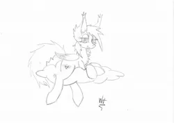 Size: 1063x752 | Tagged: safe, artist:wingedthoughts, banned from derpibooru, deleted from derpibooru, derpibooru import, oc, oc:wingedthoughts, pegasus, cloud, female, mare, monochrome, solo, tongue out, traditional art, wingedthoughts