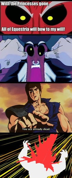 Size: 636x1556 | Tagged: grimdark, banned from derpibooru, deleted from derpibooru, derpibooru import, lord tirek, blood, exploitable meme, hokuto no ken, kenshiro, meme, tirek vs everyone meme, you are already dead