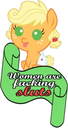 Size: 316x592 | Tagged: suggestive, banned from derpibooru, deleted from derpibooru, derpibooru import, applejack, pony, baby, baby pony, babyjack, background pony strikes again, drama, drama bait, foal, misogyny, mouthpiece, vulgar, younger