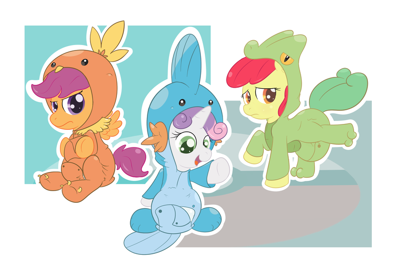 Size: 2576x1762 | Tagged: questionable, artist:vitriolink, banned from derpibooru, deleted from derpibooru, derpibooru import, apple bloom, scootaloo, sweetie belle, mudkip, torchic, treecko, clothes, costume, cutie mark crusaders, diaper, diaper fetish, fetish, pokémon, poofy diaper, scootachicken