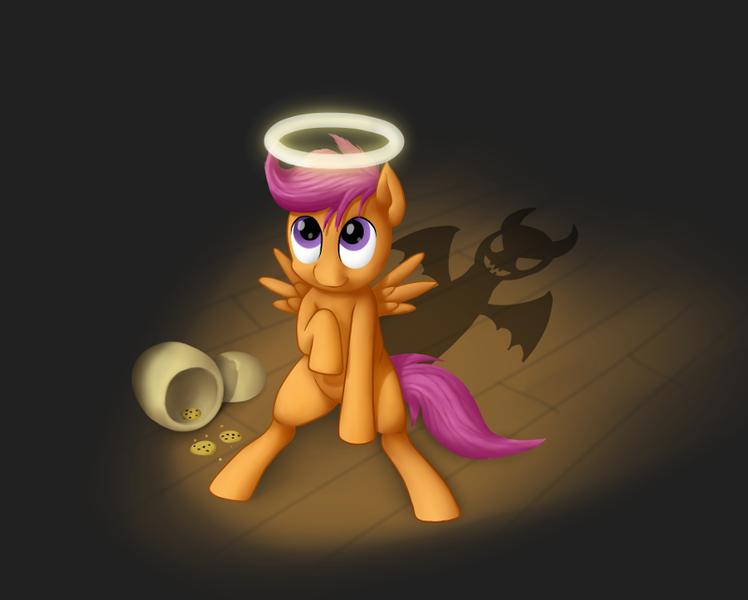 Size: 800x642 | Tagged: safe, artist:roxenmage, banned from derpibooru, deleted from derpibooru, derpibooru import, scootaloo, cookie, cookie jar, cute, cutealoo, duality, food, halo, sitting