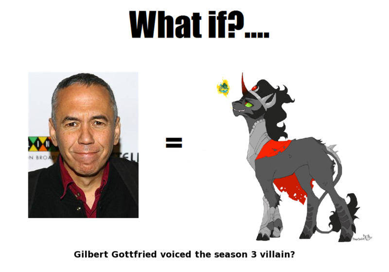 Size: 859x600 | Tagged: safe, banned from derpibooru, deleted from derpibooru, derpibooru import, king sombra, spoiler:s03, forced meme, gilbert gottfried, meme, meta, photo, season 3 villain, what if x voiced the season 3 villain