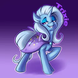 Size: 900x900 | Tagged: safe, artist:bluekazenate, banned from derpibooru, deleted from derpibooru, derpibooru import, trixie, pony, unicorn, cute, deviantart watermark, diatrixes, female, gradient background, grin, image, lidded eyes, mare, obtrusive watermark, outline, png, smiling, solo, watermark