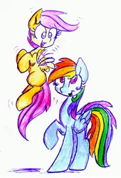 Size: 1314x1936 | Tagged: safe, artist:imarieu, banned from derpibooru, deleted from derpibooru, derpibooru import, rainbow dash, scootaloo, crying, duo, liquid pride, scootaloo can fly, tears of joy