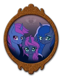 Size: 520x650 | Tagged: safe, artist:daringdreamer2, banned from derpibooru, deleted from derpibooru, derpibooru import, princess luna, oc, oc:azure night, oc:seline, canon x oc, family, family photo, offspring, picture frame