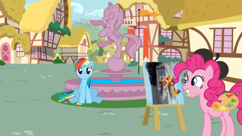 Size: 1024x576 | Tagged: questionable, banned from derpibooru, deleted from derpibooru, derpibooru import, pinkie pie, rainbow dash, 2edgy4me, 9/11, fountain, pinkie's painting