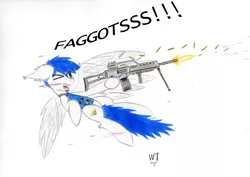 Size: 4679x3308 | Tagged: safe, artist:wingedthoughts, banned from derpibooru, deleted from derpibooru, derpibooru import, oc, oc:wingedthoughts, unofficial characters only, pegasus, blood, bullet, flying, g36, gun, mg36, screaming, shot, vulgar, weapon