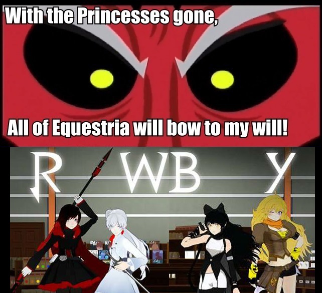 Size: 642x585 | Tagged: safe, banned from derpibooru, deleted from derpibooru, derpibooru import, lord tirek, blake belladonna, exploitable meme, meme, ruby rose, rwby, tirek vs everyone meme, weiss schnee, yang xiao long