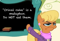 Size: 720x487 | Tagged: safe, banned from derpibooru, deleted from derpibooru, derpibooru import, ms. harshwhinny, exploitable meme, meme, ms. harshwhinny's professional chalkboard, obligatory pony, urinal cake