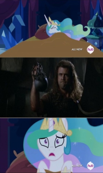 Size: 556x927 | Tagged: safe, banned from derpibooru, deleted from derpibooru, derpibooru import, princess celestia, braveheart, celestia's nightmare, exploitable meme, imminent death, mace, meme, this will end in death, weapon, william wallace