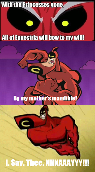 Size: 586x1060 | Tagged: safe, banned from derpibooru, deleted from derpibooru, derpibooru import, lord tirek, exploitable meme, meme, superhero, the crimson chin, the fairly oddparents, tirek is doomed, tirek vs everyone meme