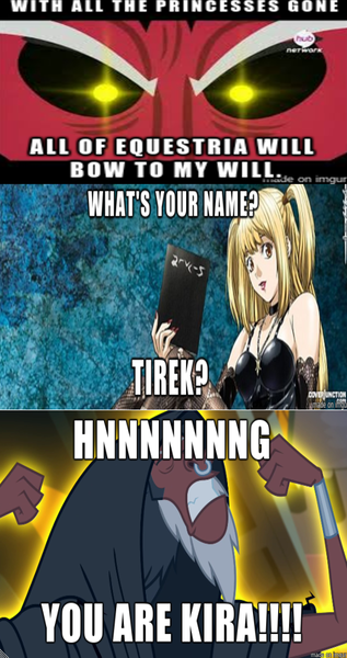 Size: 520x983 | Tagged: safe, banned from derpibooru, deleted from derpibooru, derpibooru import, lord tirek, anime, death note, exploitable meme, kira, meme, misa amane, tirek vs everyone meme