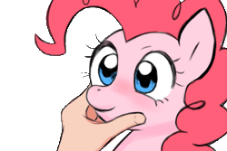 Size: 600x400 | Tagged: safe, artist:kairean, artist:sleufoot, banned from derpibooru, deleted from derpibooru, derpibooru import, edit, pinkie pie, earth pony, human, pony, :t, animated, chubby cheeks, cute, diapinkes, dilated pupils, gif, hand, image, photoshop, ponk, puffy cheeks, simple background, smiling, squeezing, squishy cheeks, transparent background, weapons-grade cute, wide eyes