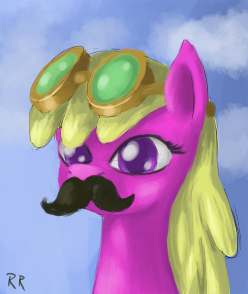 Size: 821x973 | Tagged: safe, artist:raedrob, banned from derpibooru, deleted from derpibooru, derpibooru import, cherry berry, facial hair, goggles, moustache, speedpaint