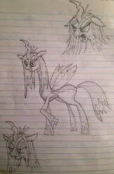 Size: 667x1024 | Tagged: safe, artist:manual-monaro, banned from derpibooru, deleted from derpibooru, derpibooru import, queen chrysalis, angry, bedroom eyes, grin, lined paper, monochrome, raised hoof, sketch, smiling, solo, traditional art