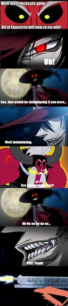 Size: 581x2608 | Tagged: safe, banned from derpibooru, deleted from derpibooru, derpibooru import, lord tirek, vampire, alucard, exploitable meme, gun, hellsing ultimate abridged, meme, tirbuse, tirek is doomed, tirek vs everyone meme, weapon