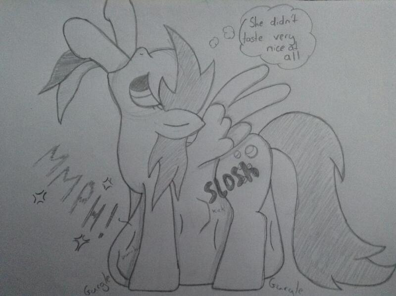 Size: 900x672 | Tagged: questionable, artist:foxkai, banned from derpibooru, deleted from derpibooru, derpibooru import, derpy hooves, rainbow dash, belly, monochrome, stomach noise, vore