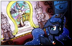 Size: 4100x2600 | Tagged: safe, artist:gray--day, banned from derpibooru, deleted from derpibooru, derpibooru import, princess celestia, princess luna, balcony, canterlot, crowd, dock, doorway, nightmare forces, royal guard, shadows, waving