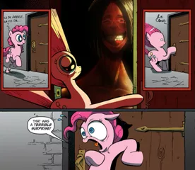 Size: 691x600 | Tagged: grotesque, banned from derpibooru, deleted from derpibooru, derpibooru import, pinkie pie, attack on titan, exploitable meme, meme, obligatory pony, smiling titan, surprise door