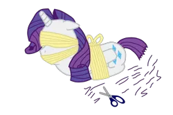 Size: 1641x1087 | Tagged: suggestive, artist:imp344, banned from derpibooru, deleted from derpibooru, derpibooru import, rarity, abuse, blindfold, bondage, floppy ears, gag, haircut, manecut, prone, raribuse, rope, rope gag, scissors, solo, tied up