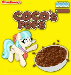 Size: 686x723 | Tagged: safe, artist:sjart117, banned from derpibooru, deleted from derpibooru, derpibooru import, coco pommel, earth pony, pony, bowl, cereal, cereal box, coco pops, female, food, image, jumping, mare, mouth hold, parody, png, simple background, smiling, solo, spoon, yellow background