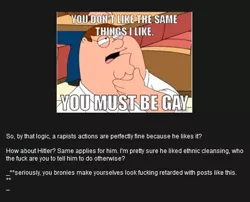 Size: 494x400 | Tagged: safe, banned from derpibooru, deleted from derpibooru, derpibooru import, hater logic, irony, meta, peter griffin, text, troll
