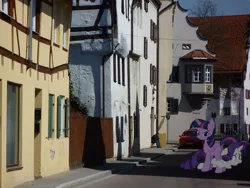 Size: 800x601 | Tagged: safe, artist:byteslice, artist:laopokia, banned from derpibooru, deleted from derpibooru, derpibooru import, rarity, twilight sparkle, twilight sparkle (alicorn), alicorn, pony, building, butt, car, germany, irl, photo, plot, ponies in real life, power line, shadow, vector