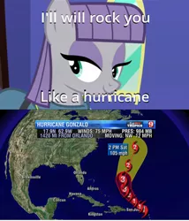 Size: 366x427 | Tagged: safe, banned from derpibooru, deleted from derpibooru, derpibooru import, maud pie, caption, error, grammar error, hurricane, hurricane gonzalo, image macro, meme, obligatory pony, rock you like a hurricane, text