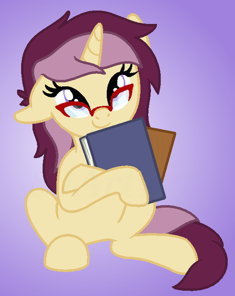 Size: 579x730 | Tagged: safe, artist:sjart117, banned from derpibooru, deleted from derpibooru, derpibooru import, oc, oc:lannie lona, unofficial characters only, book, glasses, librarian, looking at you, sitting, solo