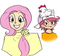 Size: 675x632 | Tagged: safe, artist:conphettey, banned from derpibooru, deleted from derpibooru, derpibooru import, fluttershy, scootaloo, human, humanized, scootachicken