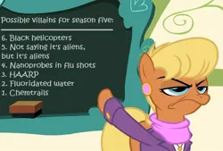 Size: 880x595 | Tagged: safe, banned from derpibooru, deleted from derpibooru, derpibooru import, ms. harshwhinny, season 5, caption, conspiracy, exploitable meme, image macro, meme, ms. harshwhinny's professional chalkboard, obligatory pony, solo, text