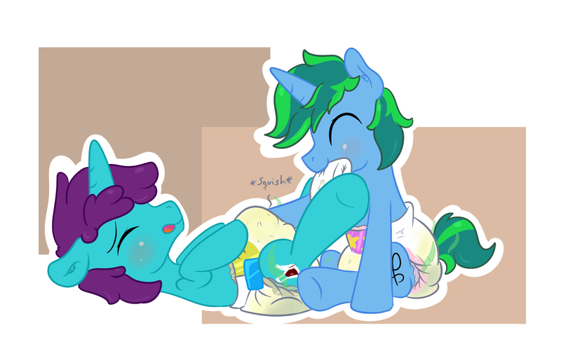 Size: 1990x1264 | Tagged: questionable, artist:vitriolink, banned from derpibooru, deleted from derpibooru, derpibooru import, oc, oc:bonded friendship, oc:vitriol ink, unofficial characters only, diaper, diaper boner, diaper change, diaper fetish, fetish, gay, male, messing, messy diaper, mouth hold, pissing, pissing together, poofy diaper, poop, pooping, pooping together, rubbing, scat, urine, watersports, wetting