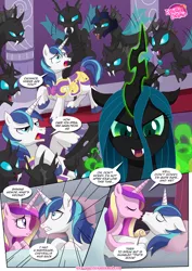 Size: 1024x1447 | Tagged: suggestive, artist:bbmbbf, banned from derpibooru, deleted from derpibooru, derpibooru import, princess cadance, queen chrysalis, shining armor, changeling, comic:shining through the darkness, equestria untamed, comic, explicit source, palcomix